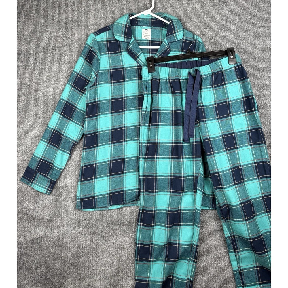 Lands End Womens Teal Navy Blue Plaid Cotton Flannel Pajama Set Size Small